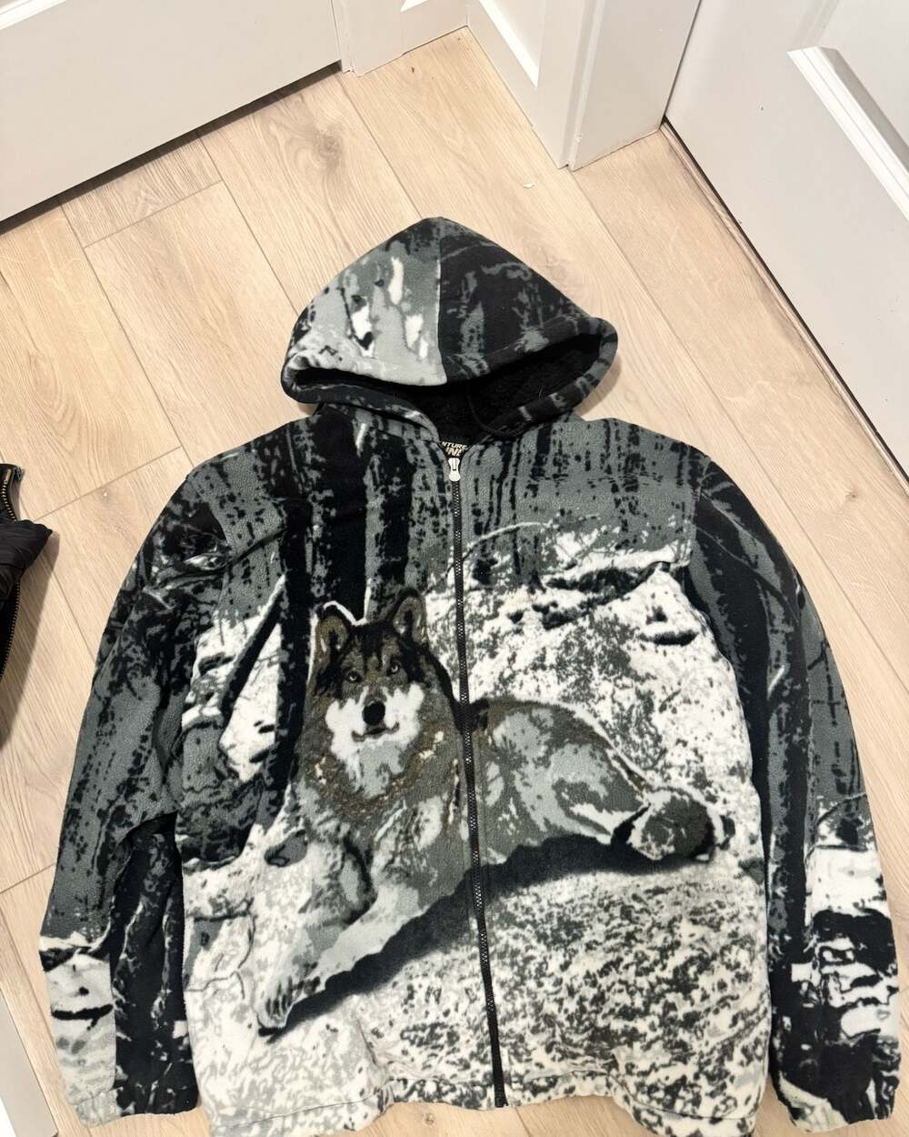 Vintage Adventure Bound Wolf Forest All Over Print Sherpa-Lined Fleece Jacket XL